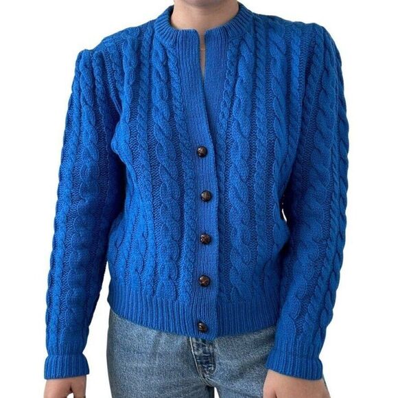 Vintage 1980s Susan Bristol Cobalt Blue 100% Wool Hand Knit Fisherman Cardigan - Picture 5 of 7